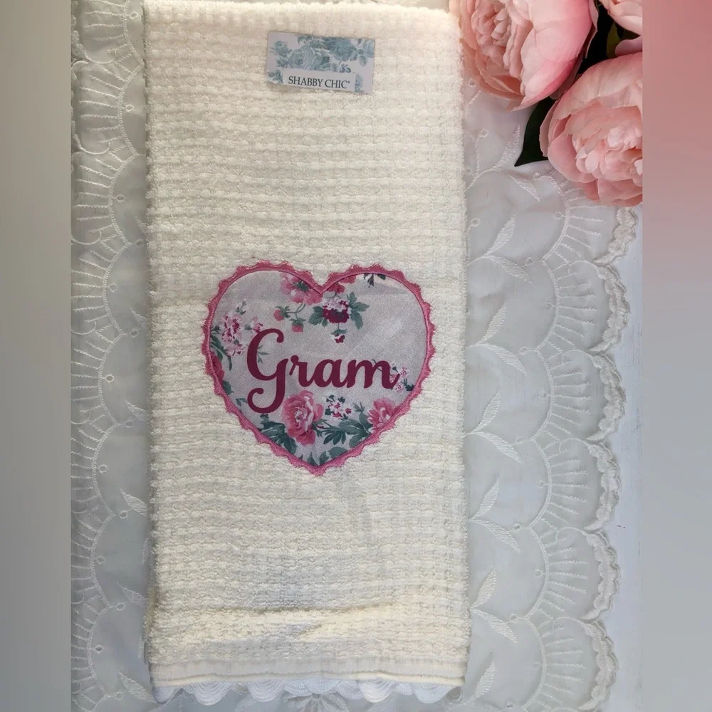 NEW Shabby Chic Gram Hand Kitchen Two Towels Set